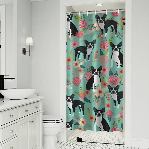 Boston Terrier Floral Flowers Shower Curtain 36"x72" ,Bathroom Decorative Shower Curtains Set with 12 Hooks,Modern Waterproof Washable Shower Curtain