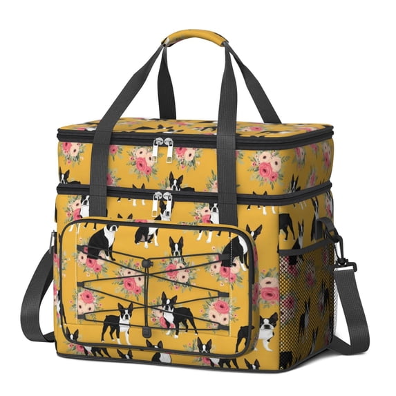 Boston Terrier and Floral Orange Double Deck Insulated Picnic Bag ...
