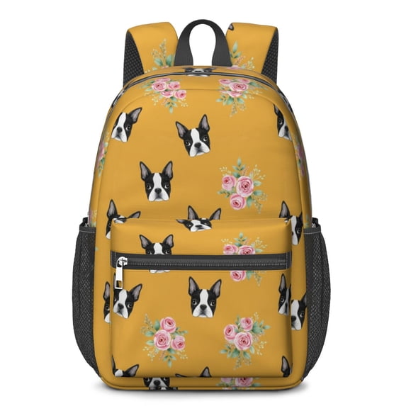 Boston Terrier and Floral Orange Pattern 17" School Backpacks for Teens,Waterproof Oxford Fabric,S-Shape Padded Straps for School,Travel,Hiking,Camping