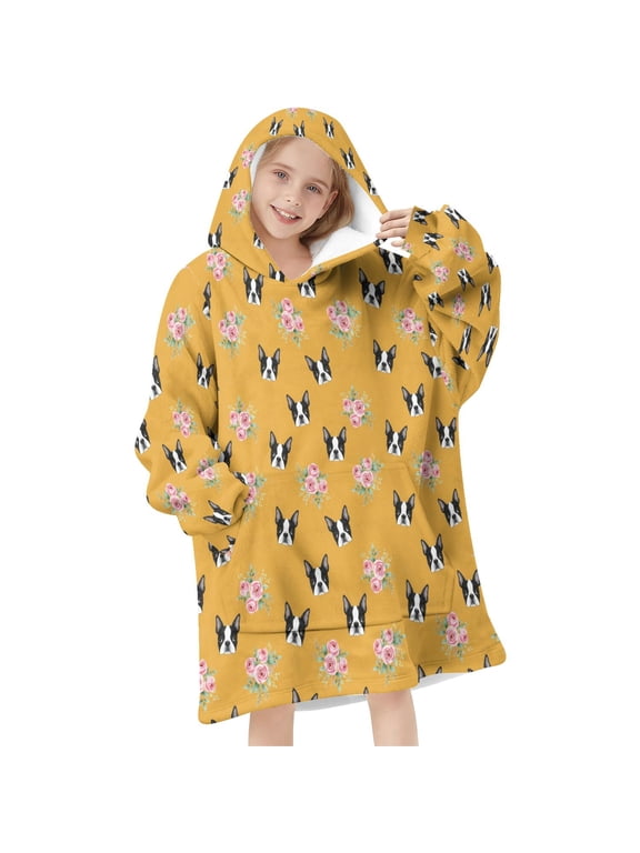 Boston Terrier and Floral Orange Pattern Flannel Blanket Hoodies for Teens ,Teens Oversize Sherpa Wearable Hooded Blanket Sweatshirt with Super Pockets