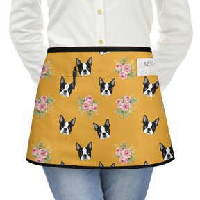 Boston Terrier and Floral Orange Pattern Server Half Apron with Pockets,22.8 X 11.8 Inch Half Waist Design with Black Trim,Restaurant Waitstaff Uniform