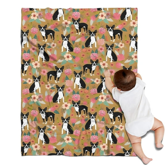 Boston Terrier and Flower Blanket,Comfortable Soft Flannel Throw Blanket,All Season,Warm Lightweight Blankets for Sofa Bed Couch Living Room Chair,30"x40"