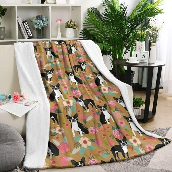 Boston Terrier and Flower Blanket,Comfortable Soft Flannel Throw Blanket,All Season,Warm Lightweight Blankets for Sofa Bed Couch Living Room Chair,40"x50"