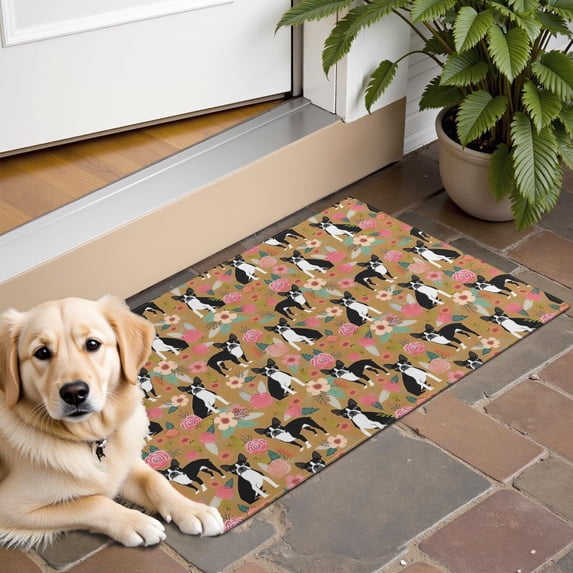 Boston Terrier and Flower Door Rugs,Washable Non Slip Door Mats Indoor,Decorative Door Mats,Entry Mat Indoor for Entrance,Bedroom,Kitchen,Bathroom,16"x24"