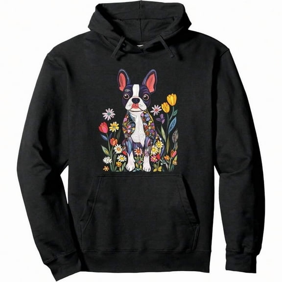 Boston Terrier Flower Hoodie Men's Soft And Stylish Street-Inspired Pullover Hoodie, Adjustable Drawstring And Front Pockets, Perfect For All Seasons - Perfect For Everyday Wear And Casual Travel