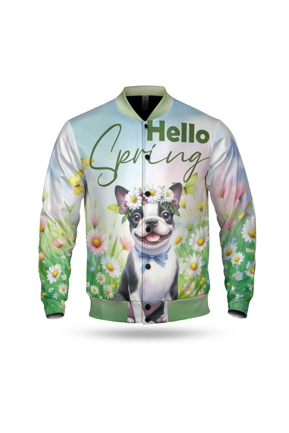 Boston Terrier Hello Spring Time Flower Floral Nature All Over Print 3D Baseball Jacket Gentleman Dog Lover Gifts Bomber Jacket Softball - 02031