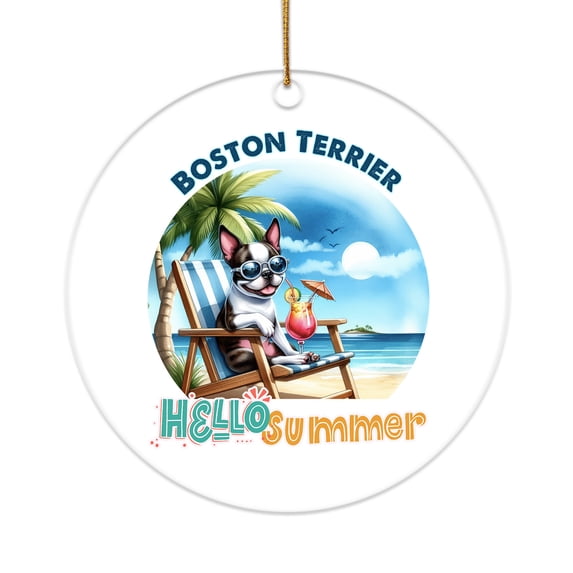 Boston Terrier Hello Summer Beach Theme with Sunglasses and Tropical Cocktail Acrylic Round Ornament Gentleman Dog Lover Gifts Home Tree Decor - 00009