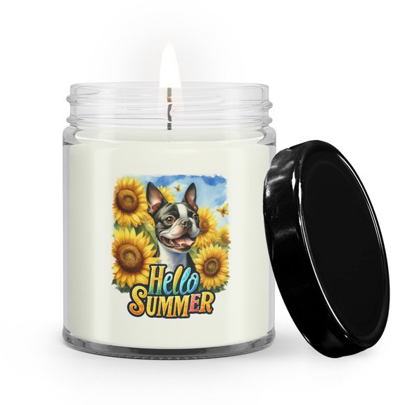 Boston Terrier Hello Summer Sunshine Sunflowers Spring Retro Vintage Soy Wax Candle Gentleman Dog Lover Gifts 9oz White Birch & Black Pepper Candle - 00008