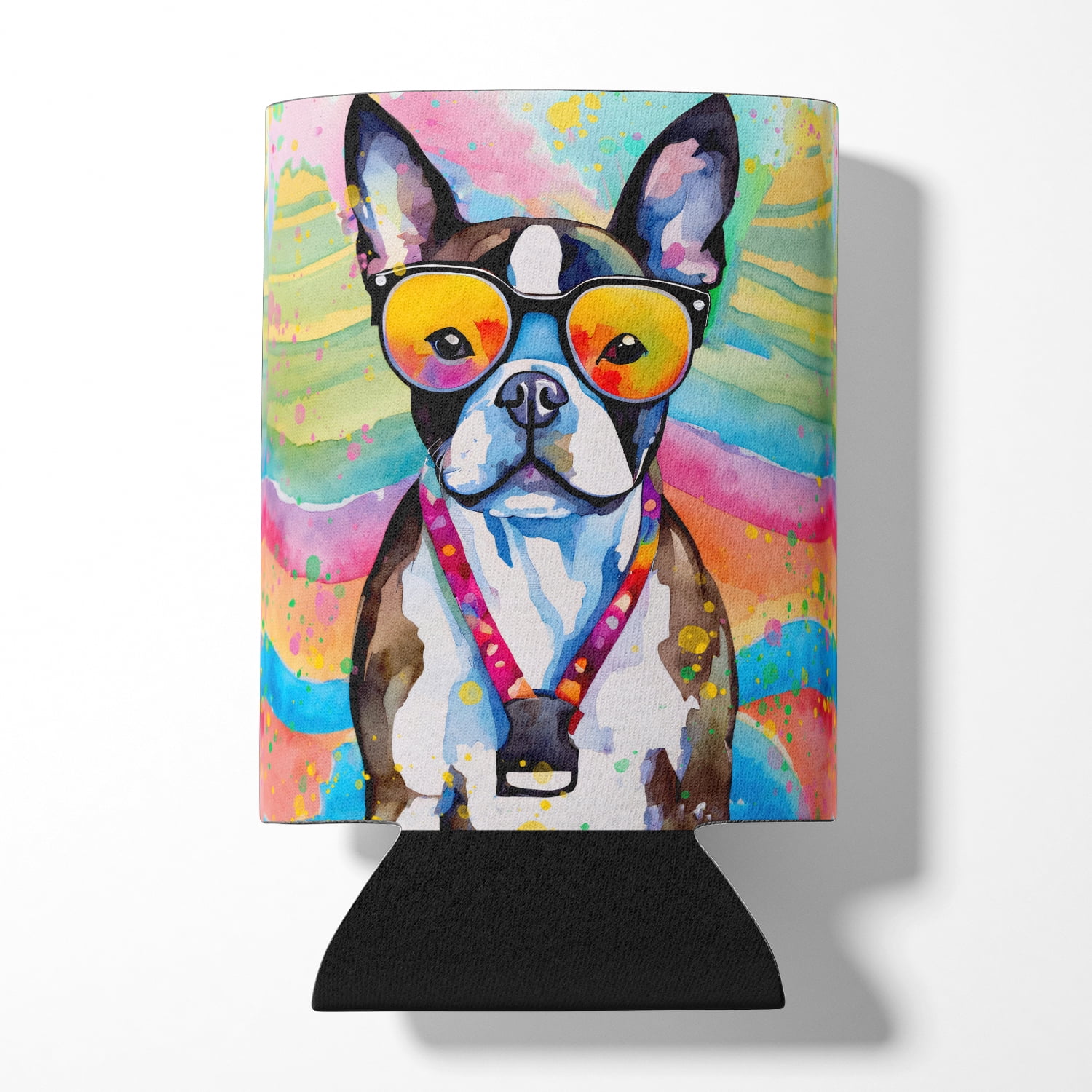 Boston Terrier Hippie Dawg Can or Bottle Hugger 3 in x 5 in