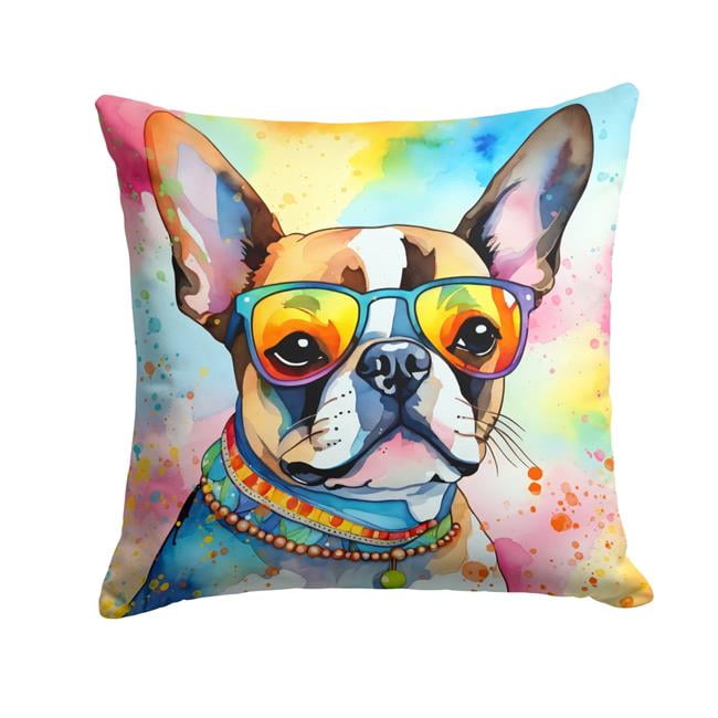 Boston Terrier Hippie Dawg Fabric Decorative Pillow 18 in x 18 in