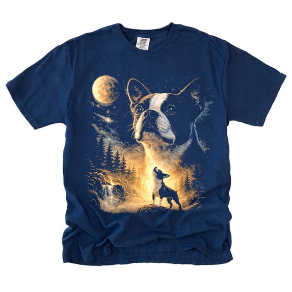 Boston Terrier Howling at the Full Moon Graphic T-Shirt, Vintage 90s Galaxy Dog Tee, Funny Boston Terrier Lover Gift