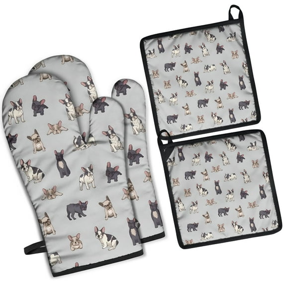 Boston Terrier Kitchen Oven Mitt and Pot Holder Sets 4 Pcs for Baking, Cooking and Grilling, Heat Resistant Up To 392 °F