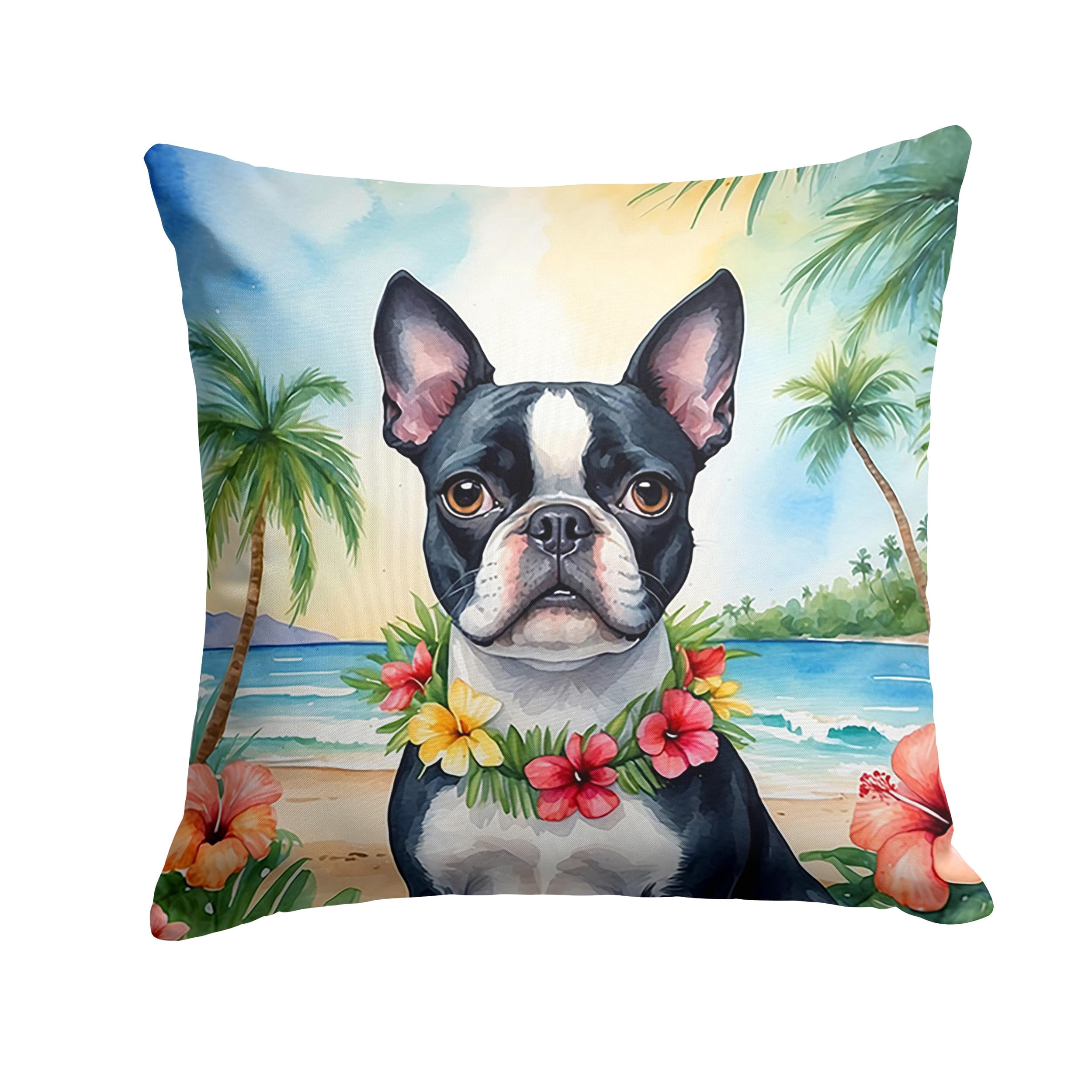 Boston Terrier Luau Throw Pillow 14 in x 14 in