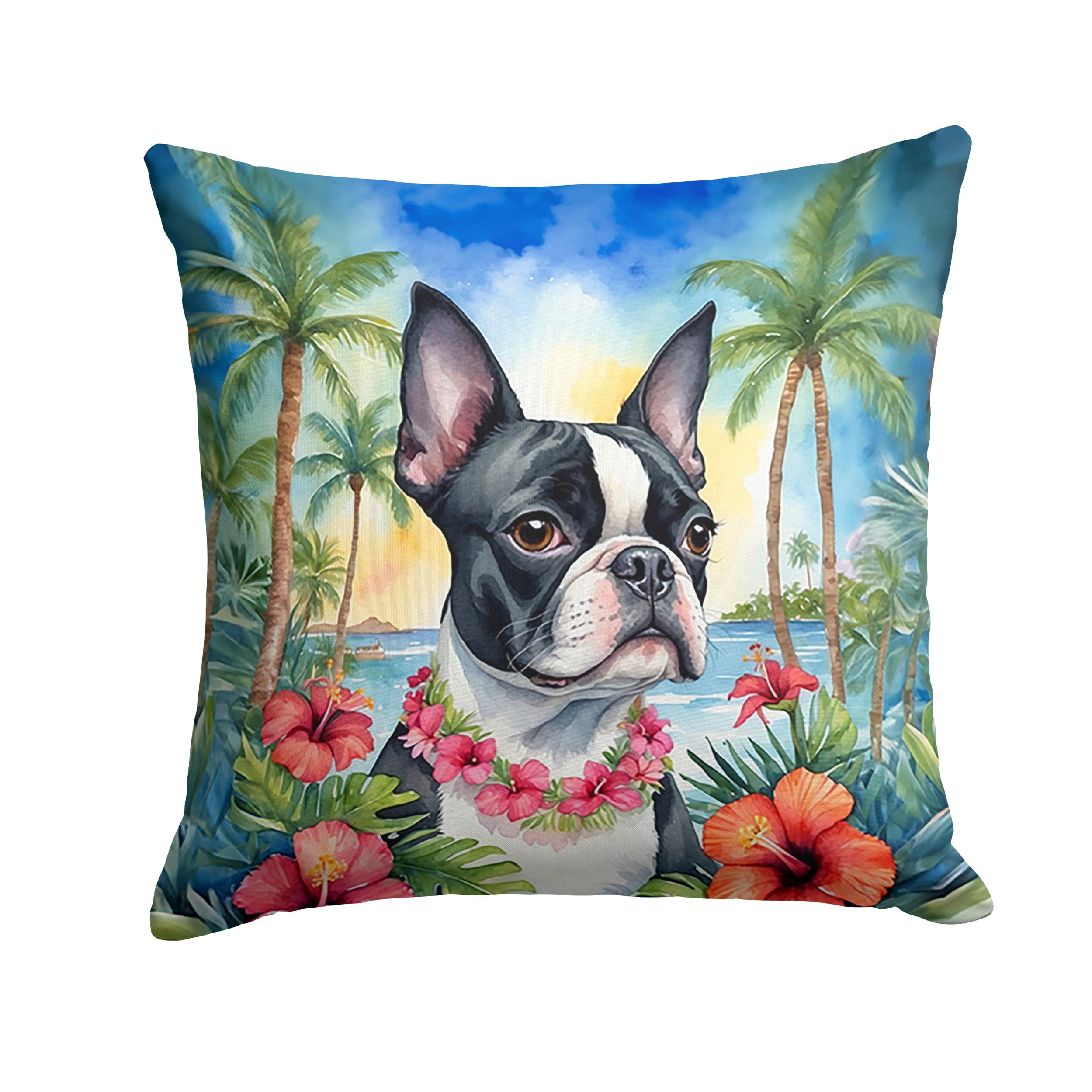 Boston Terrier Luau Throw Pillow 14 in x 14 in
