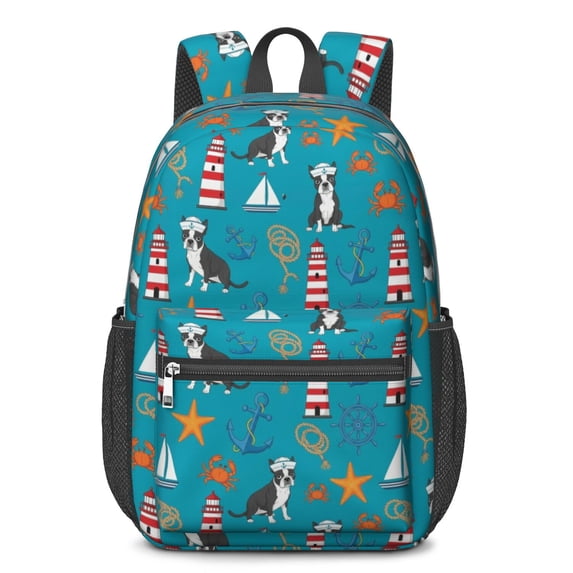 Boston Terrier and Nautical Blue Pattern 17" School Backpacks for Teens,Waterproof Oxford Fabric,S-Shape Padded Straps for School,Travel,Hiking,Camping