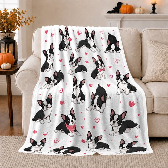 Boston Terrier Pattern with Pink Hearts, Playful Graphic Style for Dog Lovers, Black White Puppy Scene and Birthday Gift, Soft Flannel Blanket for Bedroom and Playroom, Pet Home Decor