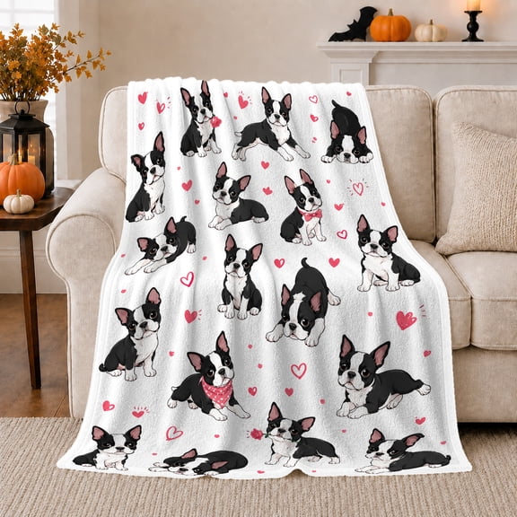 Boston Terrier Pattern with Pink Hearts, Playful Graphic Style for Dog Lovers, Black White Puppy Scene and Birthday Gift, Soft Flannel Blanket for Bedroom and Playroom, Pet Home Decor