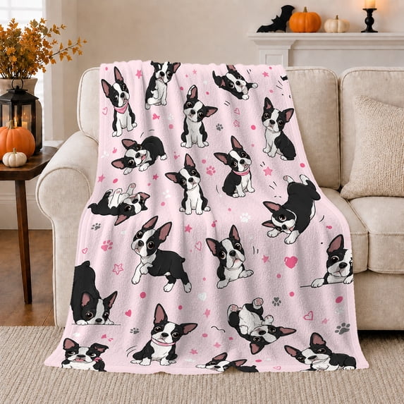 Boston Terrier Pattern on Pink Hearts, Sweet Graphic Style for Dog Lovers, Starry Puppy Scene and Birthday Gift, Cozy Flannel Blanket for Bedroom and Playroom, Pet Home Decor