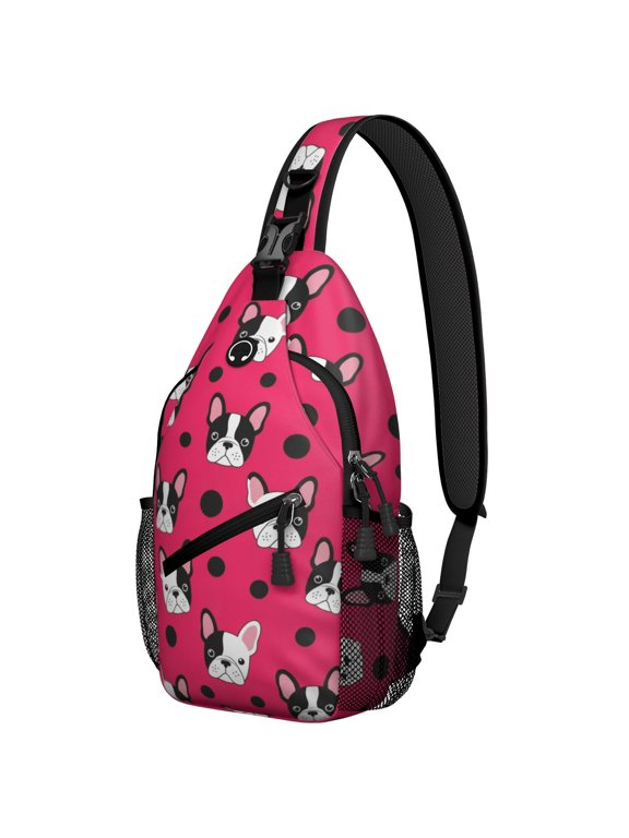 Boston Terrier and Polka Dot Red Sling Backpack, Unisex Hiking Chest Pack with Side Mesh Pockets, Earphone Hole Port Gift Ideas for Holiday Birthday Gifts