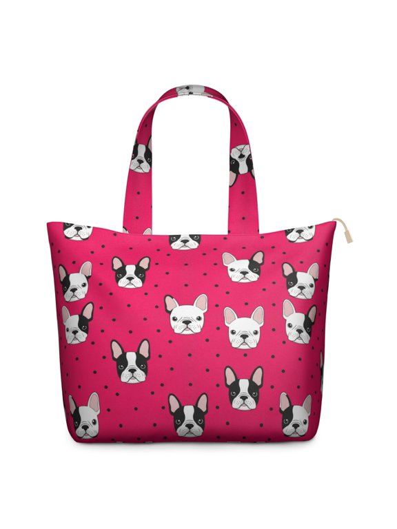 Boston Terrier and Polka Dot Red Weekend Tote Bag, Work School Tote Bag with Inner Zip Pocket, Spacious Interior Gift Ideas for Holiday Birthday Gifts,22 X 12 X 18 Inches