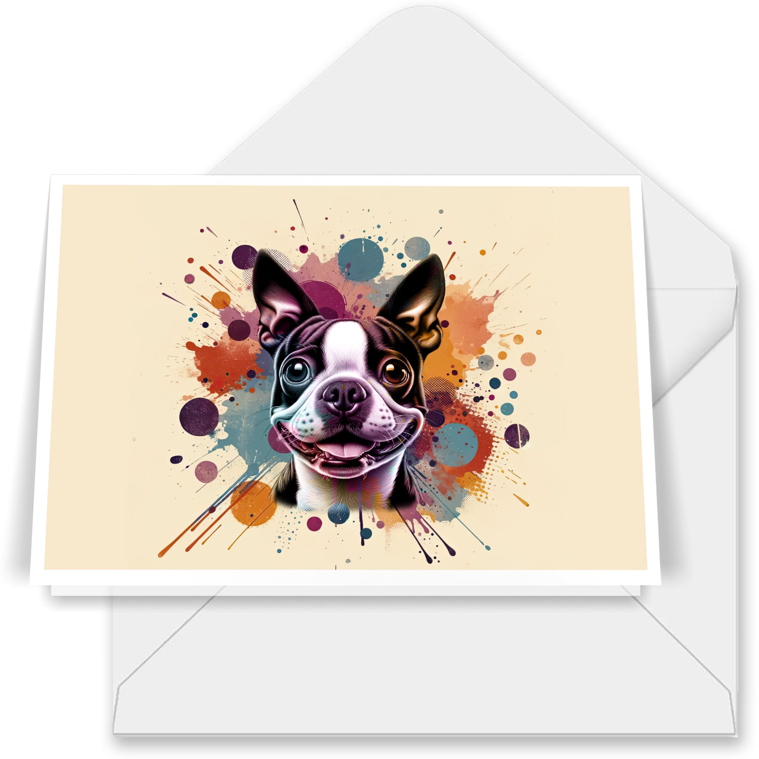 Boston Terrier Portrait Watercolor Vintage Retro Styles 7x5in Folded