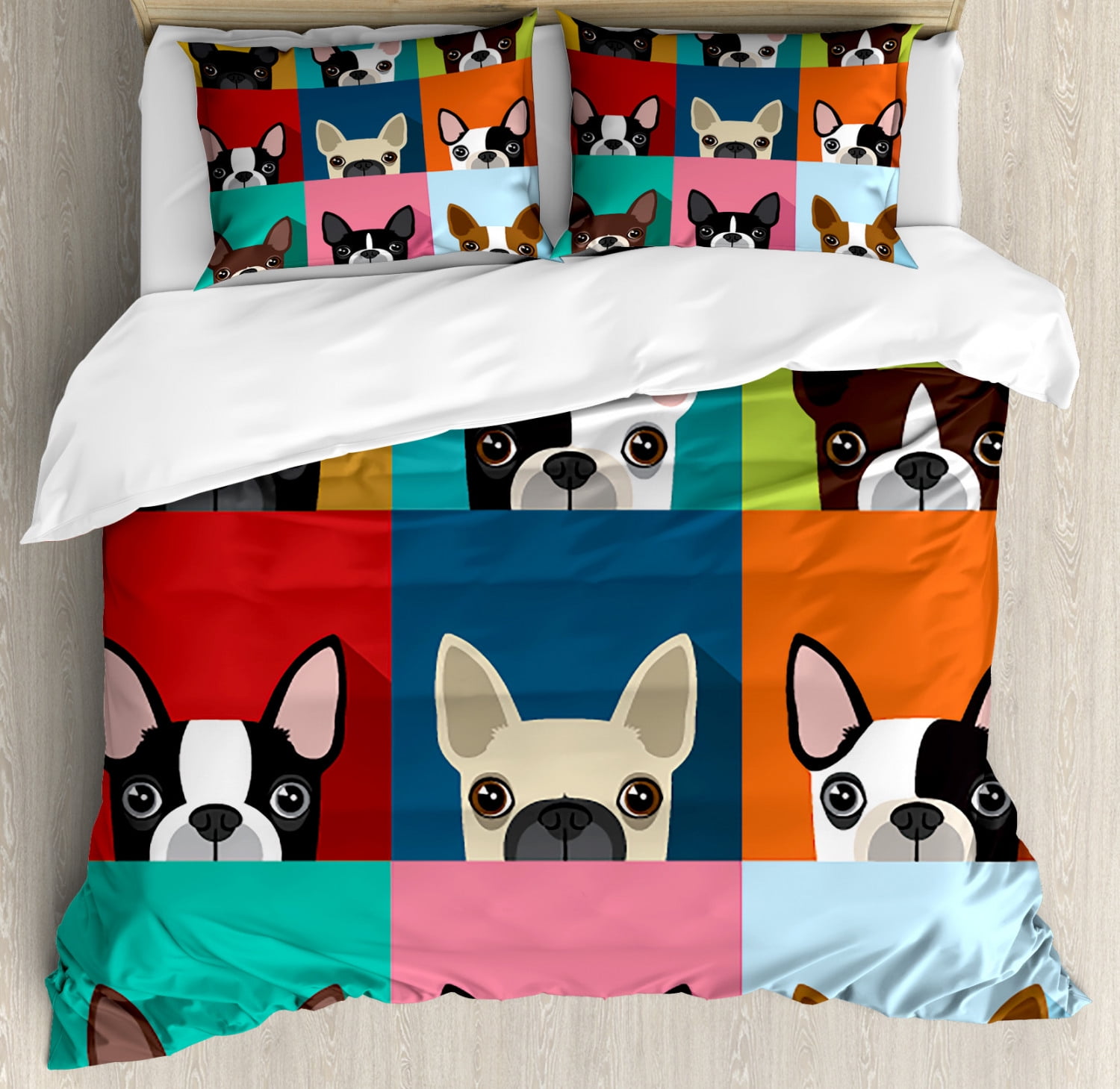 Boston Terrier Queen Size Duvet Cover Set, Minimalist Colorful