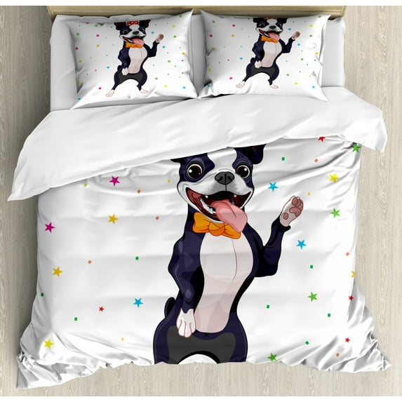 Boston Terrier Queen Size Duvet Cover Set, Party Puppy Figure Celebrating His Birthday on Colorful Stary Background, Decorative 3 Piece Bedding Set with 2 Pillow Shams, Multicolor, by Ambesonne