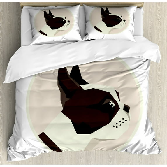Boston Terrier Queen Size Duvet Cover Set, Soft Color Geometric Design of a Puppy Circular Framed Form, Decorative 3 Piece Bedding Set with 2 Pillow Shams, Dark Brown Blush and Ivory, by Ambesonne