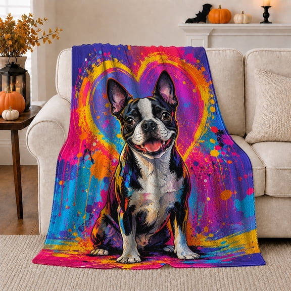 Boston Terrier with Rainbow Heart Halo, Cheerful Pop Art Style for Dog Lovers, Cozy Color Splash Scene, Flannel Blanket for Living Room and Bedroom, Pet Adoption Gift and Bold Home Decor