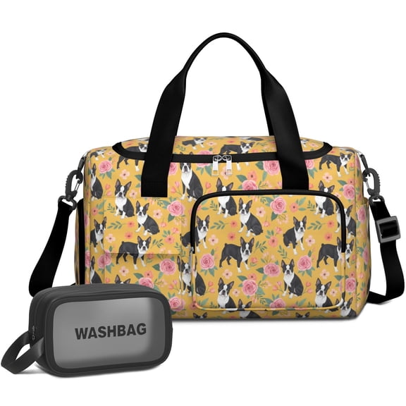 Boston Terrier and Rose Orange Pattern Gym Duffel Bag 2 Piece Set, Travel Weekender Bag with Shoe Compartment & Toiletry Pouch, Wet Pocket Gifts for Women Men,19.7 X 8.3 X 11 Inches