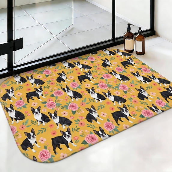 Boston Terrier and Rose Orange Pattern Non-Slip Bath Mat, Entryway Door ...