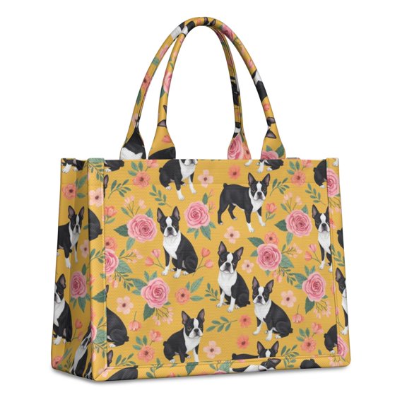 Boston Terrier and Rose Orange Pattern Tote Bag, Laptop Carry Tote with Interior Pockets & Top Handle, Large Capacity Gifts for Work Shopping Travel,15.7 X 5.1 X 13 Inches