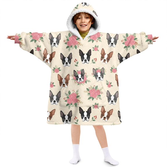 Boston Terrier and Roses Cream Pattern Lamb Fleece Blanket Hoodies for Teens ,Teens Oversize Sherpa Wearable Hooded Blanket Sweatshirt with Super Pockets