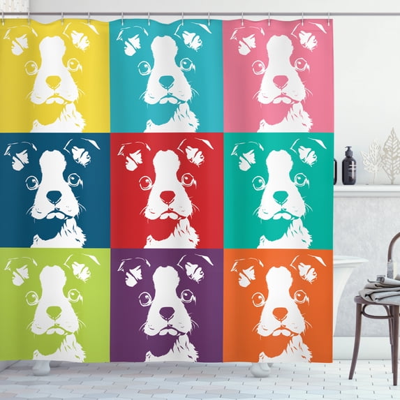 Boston Terrier Shower Curtain, Colorful Pop Art Inspired Composition of Dog Portraits House Pet Pattern, Fabric Bathroom Set with Hooks, 69W X 75L Inches Long, Multicolor, by Ambesonne