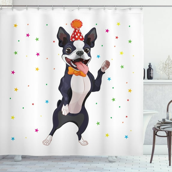 Boston Terrier Shower Curtain, Party Puppy Figure Celebrating His Birthday on Colorful Stary Background, Fabric Bathroom Set with Hooks, 69W X 70L Inches, Multicolor, by Ambesonne