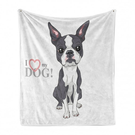 Boston Terrier Soft Flannel Fleece Blanket, Naive Puppy Tiny Dog Breed Standing by the I Love My Dog Message, Cozy Plush for Indoor and Outdoor Use, 50" x 70", Grey Coral and White, by Ambesonne