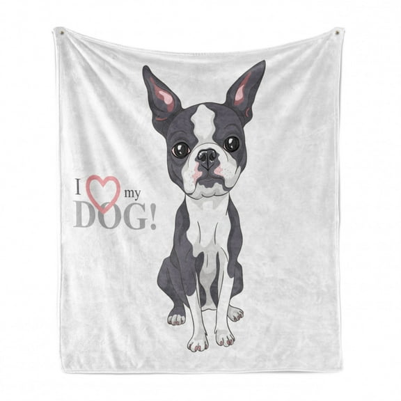 Boston Terrier Soft Flannel Fleece Blanket, Naive Puppy Tiny Dog Breed Standing by the I Love My Dog Message, Cozy Plush for Indoor and Outdoor Use, 60" x 80", Grey Coral and White, by Ambesonne