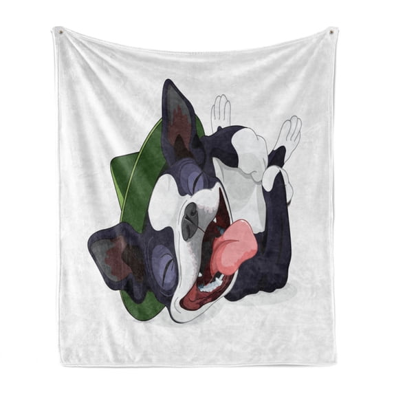 Boston Terrier Soft Flannel Fleece Throw Blanket, Cheerful Happy Terrier Breed with Green Hat Rolling Around and Laughing, Cozy Plush for Indoor and Outdoor Use, 50" x 70", Multicolor, by Ambesonne