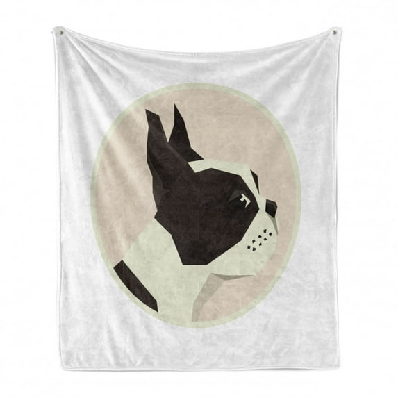 Boston Terrier Soft Flannel Fleece Throw Blanket, Soft Color Geometric Design of a Puppy Circular Framed Form, Cozy Plush for Indoor and Outdoor Use, 50" x 60", Dark Brown Blush, by Ambesonne