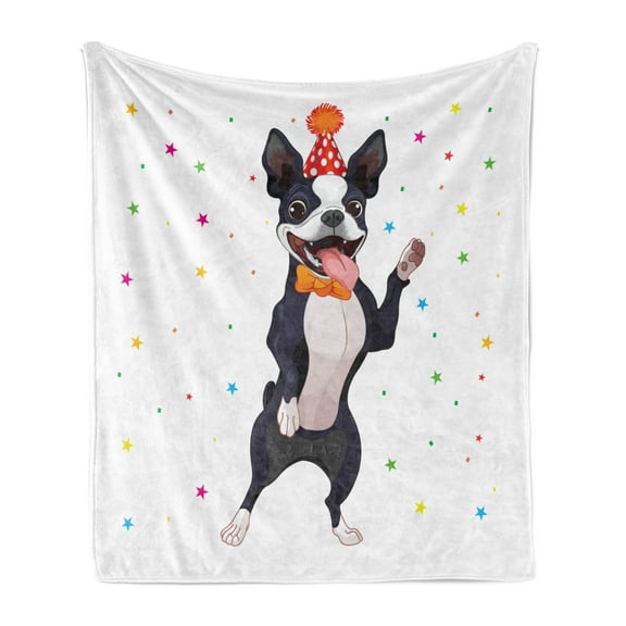 Boston Terrier Soft Flannel Fleece Throw Blanket, Party Puppy Celebrating His Birthday on Colorful Stary Background, Cozy Plush for Indoor and Outdoor Use, 50" x 70", Multicolor, by Ambesonne