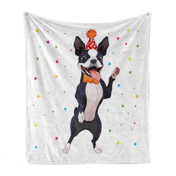 Boston Terrier Soft Flannel Fleece Throw Blanket, Party Puppy Celebrating His Birthday on Colorful Stary Background, Cozy Plush for Indoor and Outdoor Use, 60" x 80", Multicolor, by Ambesonne