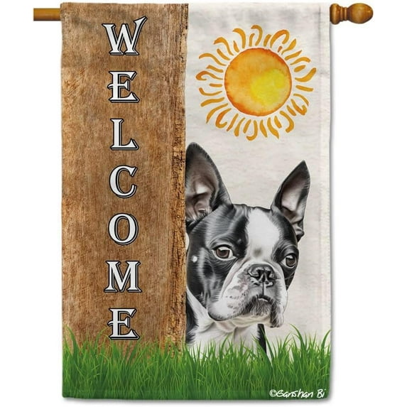 Boston Terrier Spring Summer Welcome House Flag Watercolor Dog Hides Behind a Tree Sun Outside Yard Decor Flag Banner 28X40 Inch Double Side