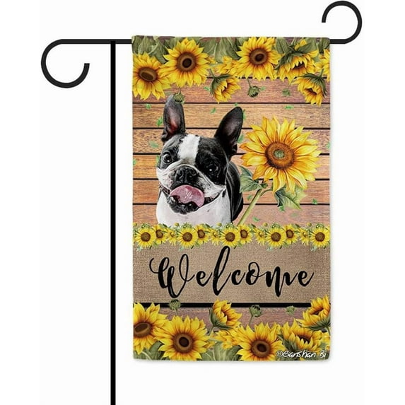 Boston Terrier Sunflower Garden Flag Dog Welcome Spring Summer Wooden Print Flag Banner Outside Yard Decor 12.5X18 Inch Double Side Style 2