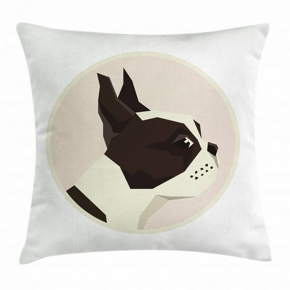 Boston Terrier Throw Pillow Cushion Cover, Soft Color Geometric Design of a Puppy Circular Framed Form, Decorative Square Accent Pillow Case, 20 X 20 Inches, Dark Brown Blush and Ivory, by Ambesonne