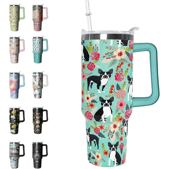 Boston Terrier Tumbler 40oz - Insulated Travel Mug with Handle & Leak Proof Lid | Cute Dog Gifts for Women, Dog Lovers Coffee Cup