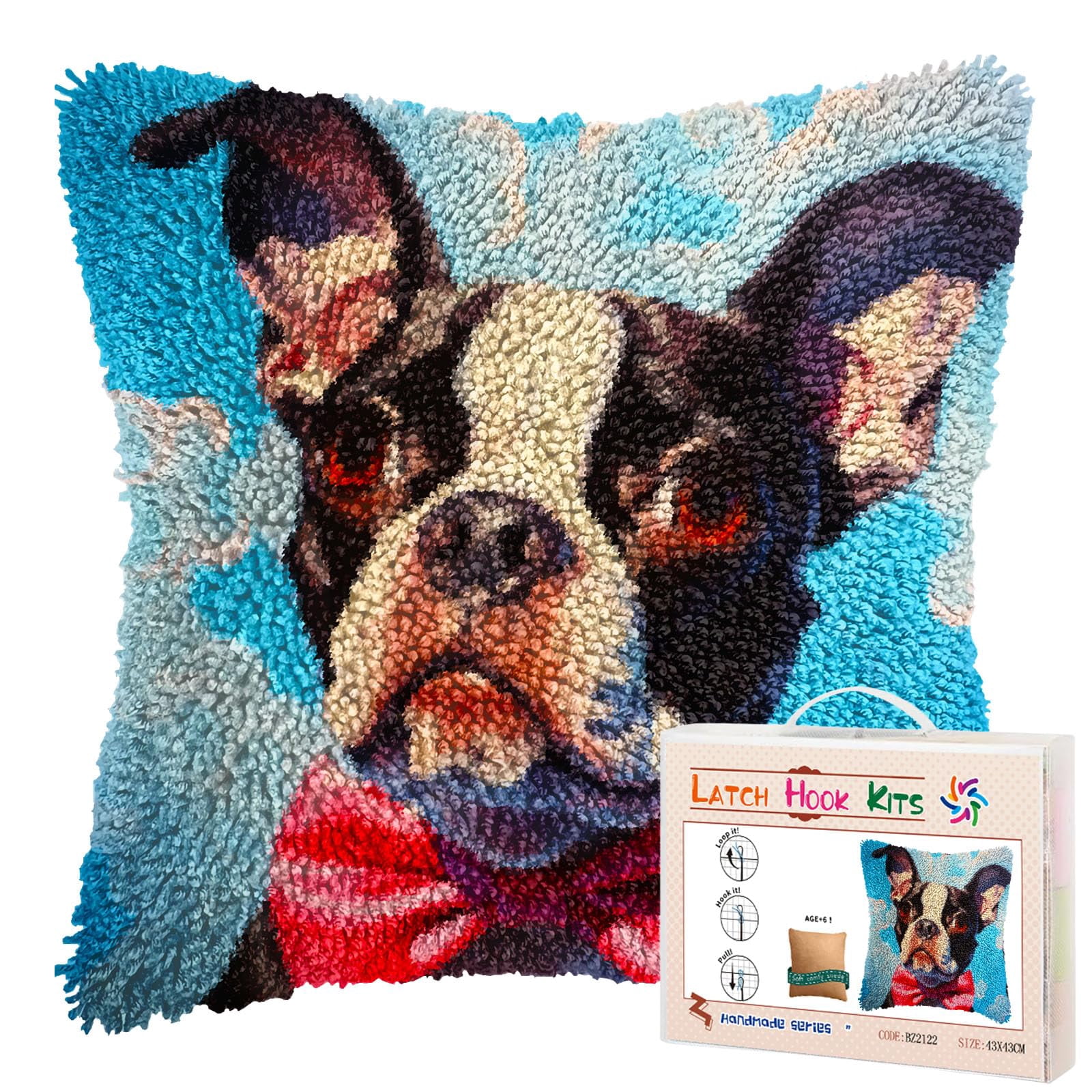 Boston Terrier Wear Tie DIY Latch Hook Pillow Kits for Adults Printed Pillowcase Crochet Yarns Hooking Handmade Pillow Cover Cushion for Home Sofa Decoration 17x17inch