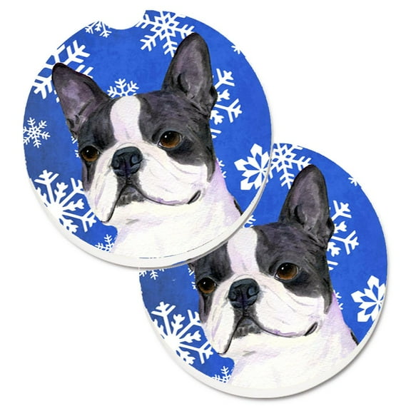 Boston Terrier Winter Snowflakes Holiday Set of 2 Cup Holder Car Coasters