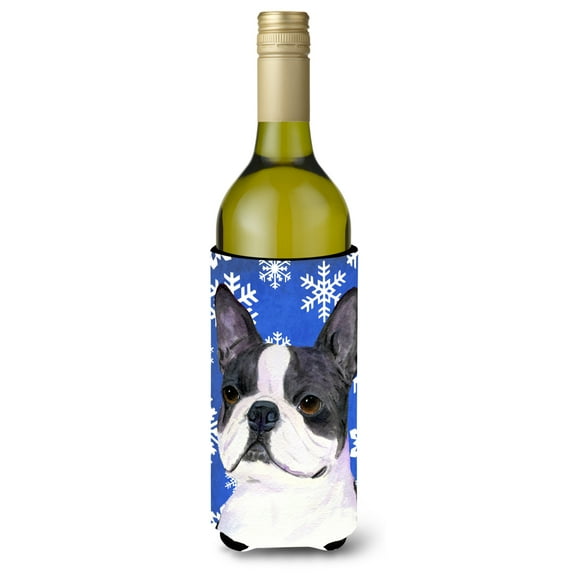 Boston Terrier Winter Snowflakes Holiday Wine Bottle Hugger