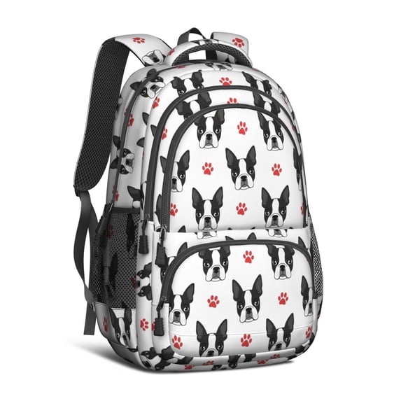 Boston Terrier and Dog Paw Print Backpack for School, Cute School Bag with Adjustable Shoulder Straps and Padded Back, 16.9"x12.6"x5.9"