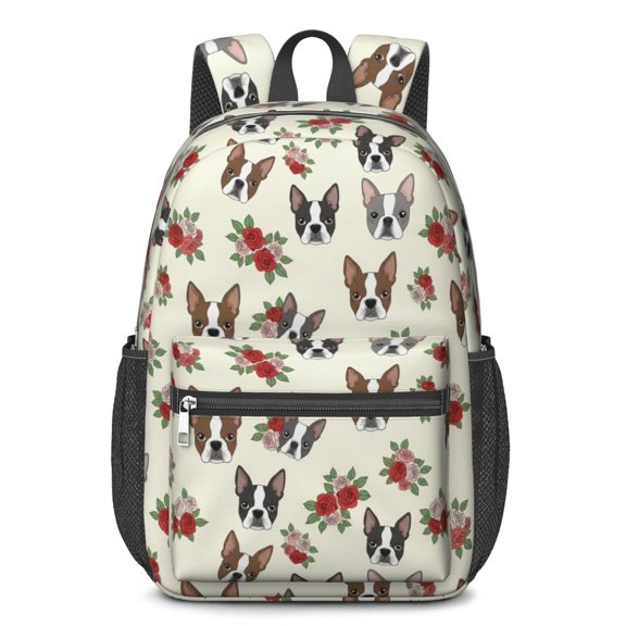 Boston Terrier and Floral Cream Pattern 17" Waterproof Oxford School Backpacks for Teens, S-Shape Padded Straps, for School, Travel, Hiking, Camping